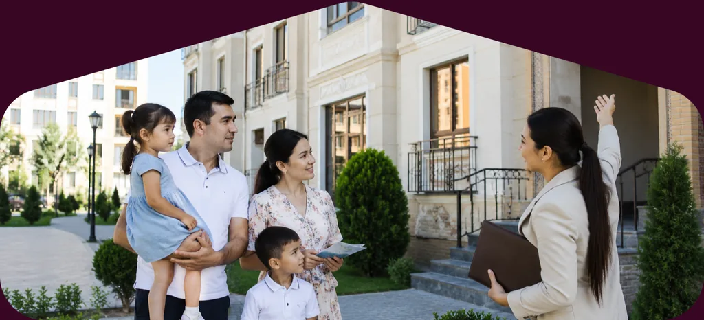 A family being shown a residential building by an agent